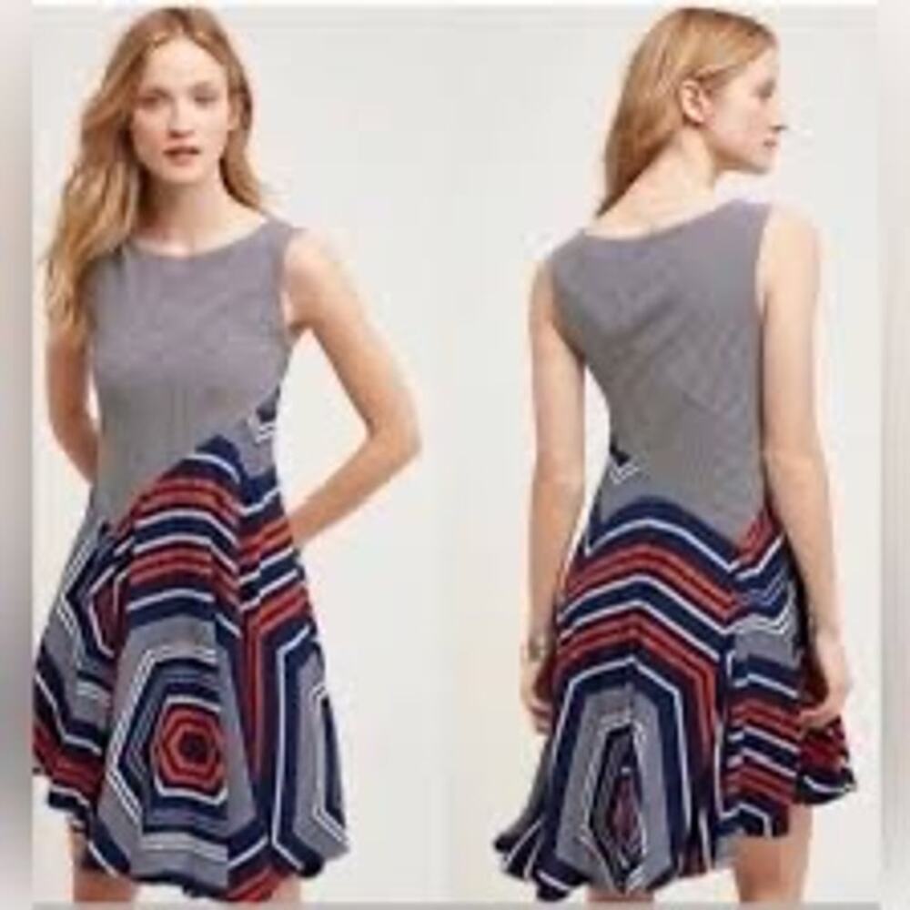 Maeve Anthropologie Sleeveless Fit &Flare Dress Striped Geometric Navy Red Small
